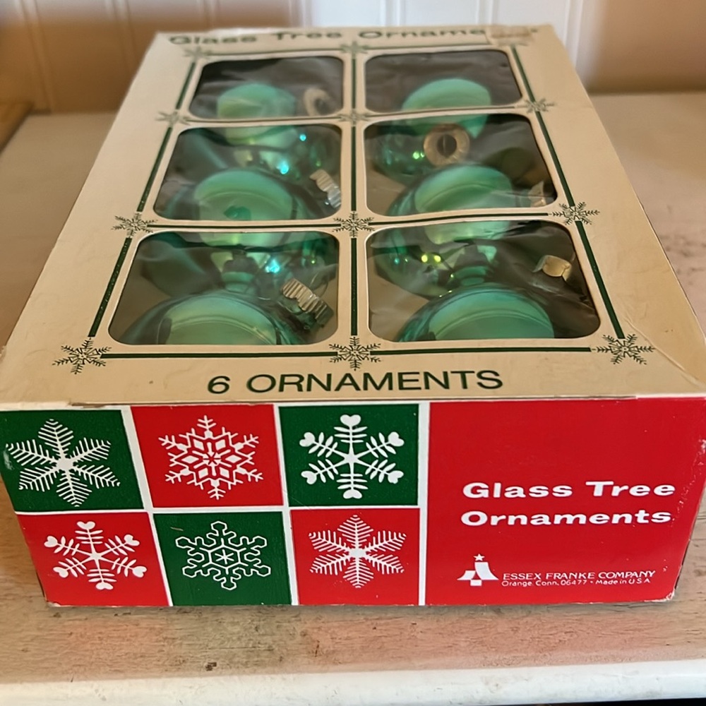 Vintage Shiny Brite blue-green glass Christmas Ornaments